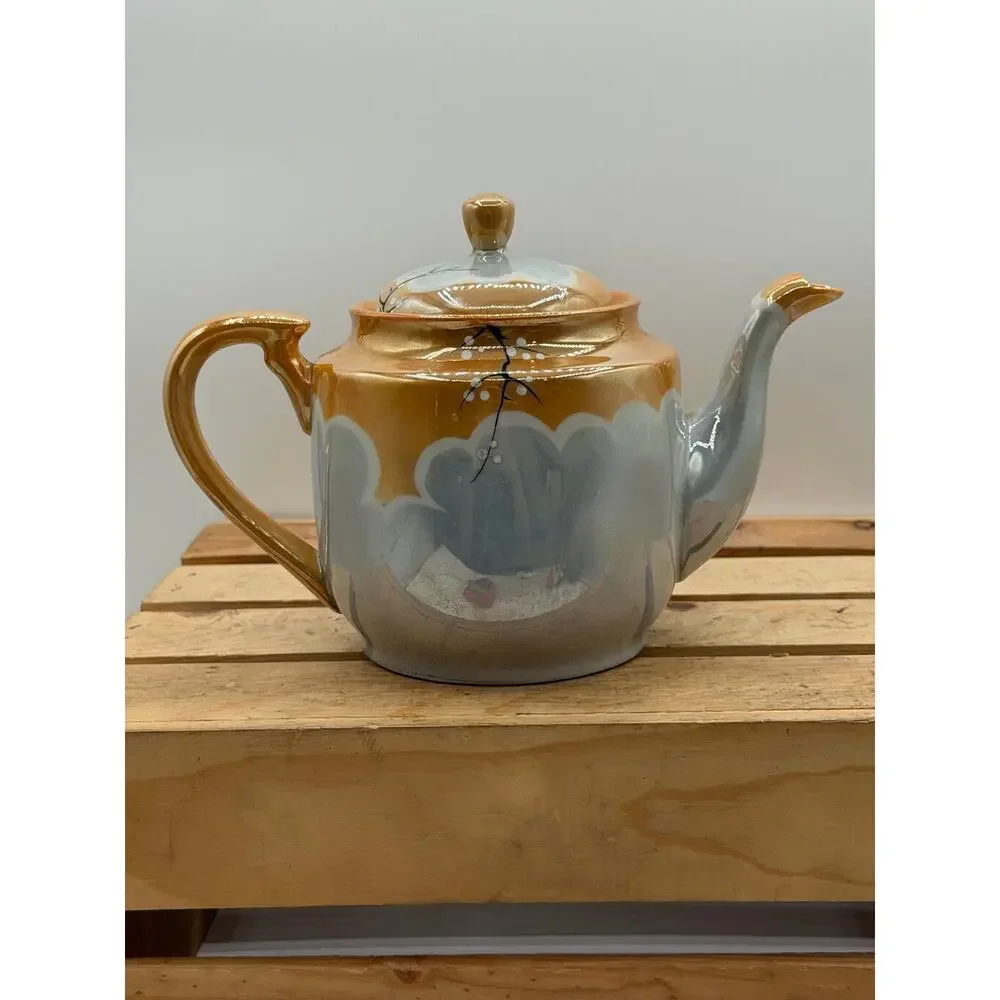 Vintage Hand-Painted Lustreware Teapot with Floral Design and Iridescent Finish